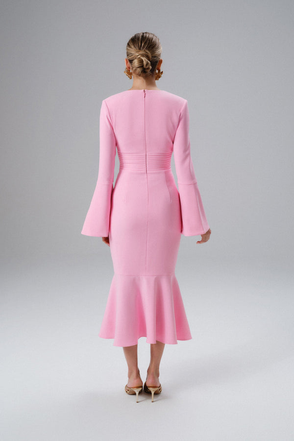 Lavish Alice SALMA Fluted Sleeve Micro Rose Button Midi Dress In Pink