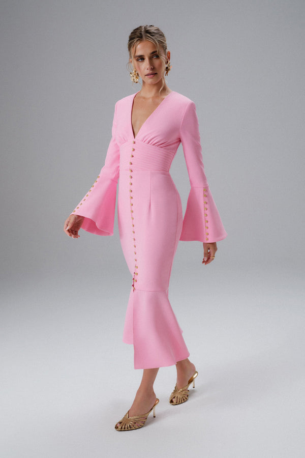 Lavish Alice SALMA Fluted Sleeve Micro Rose Button Midi Dress In Pink