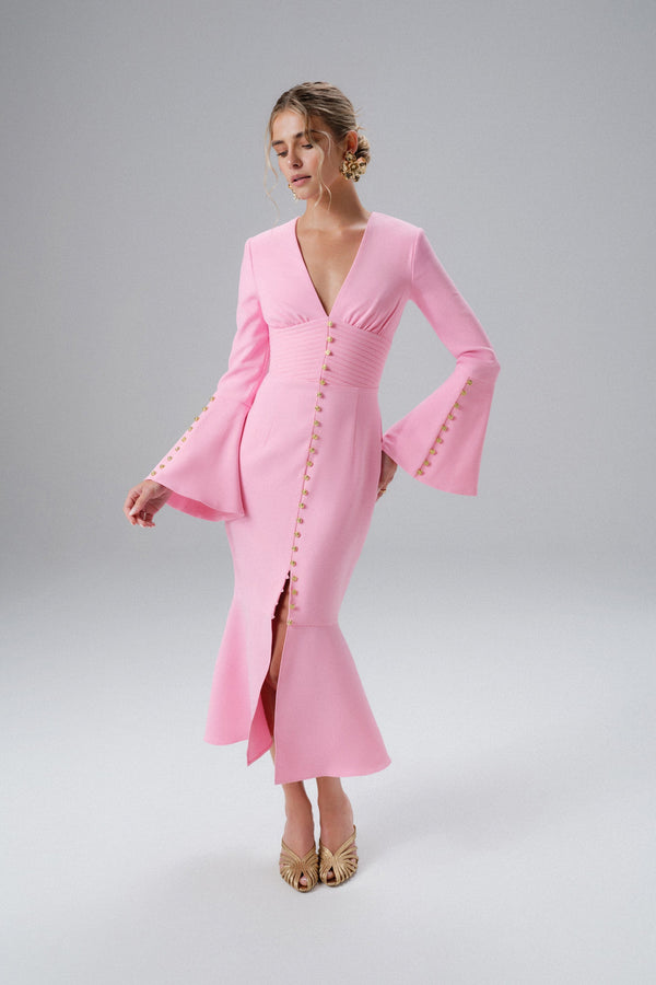 lavish alice SALMA Fluted Sleeve Micro Rose Button Midi Dress in Pink