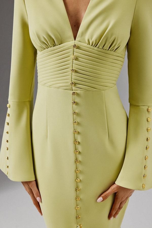 Lavish Alice SALMA Fluted Sleeve Micro Rose Button Midi Dress In Lime Green