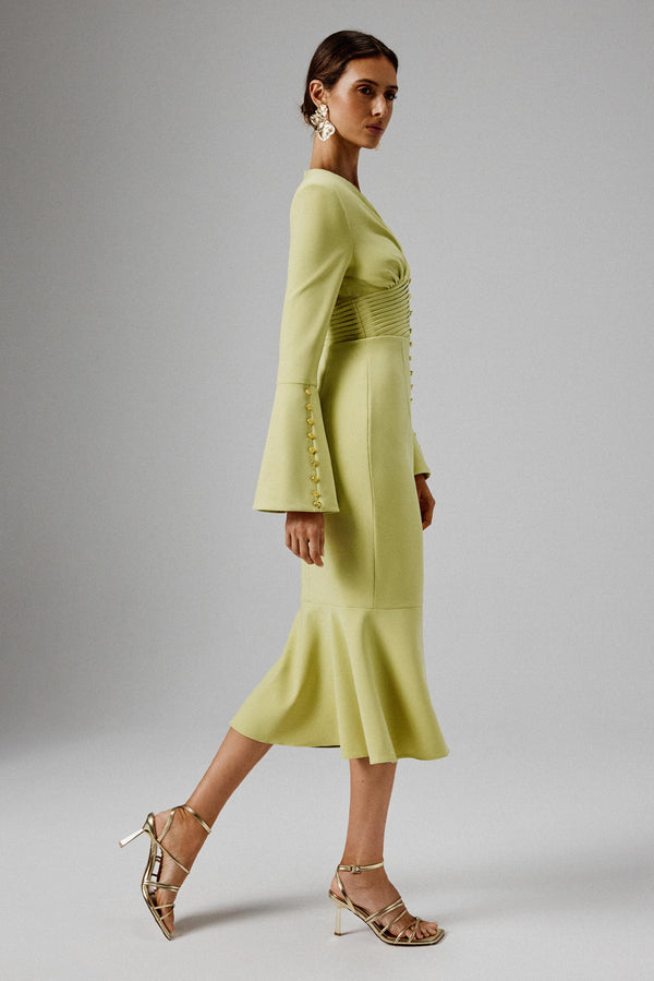 Lavish Alice SALMA Fluted Sleeve Micro Rose Button Midi Dress In Lime Green