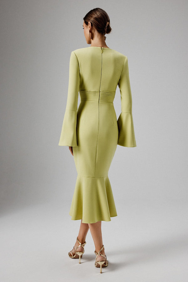 Lavish Alice SALMA Fluted Sleeve Micro Rose Button Midi Dress In Lime Green