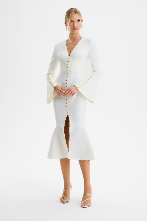 lavish alice SALMA Fluted Sleeve Micro Rose Button Midi Dress in White