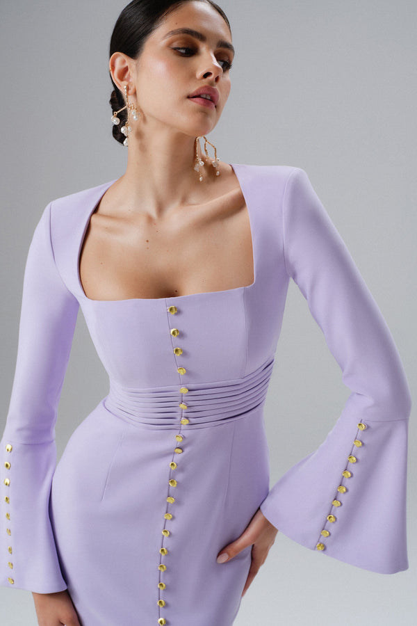 Lavish Alice SERENA Fluted Sleeve Micro Shell Button Midi Dress In Purple