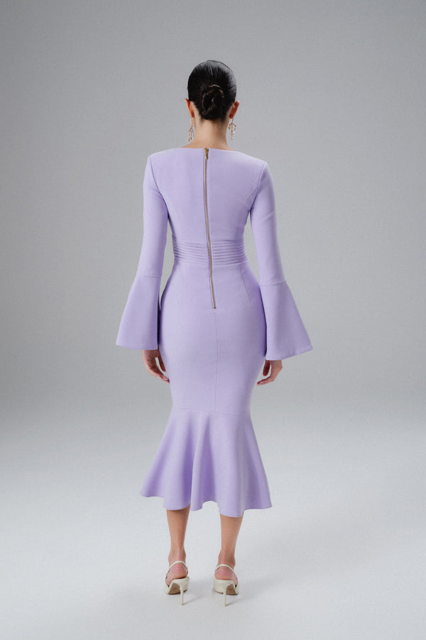 Lavish Alice SERENA Fluted Sleeve Micro Shell Button Midi Dress In Purple