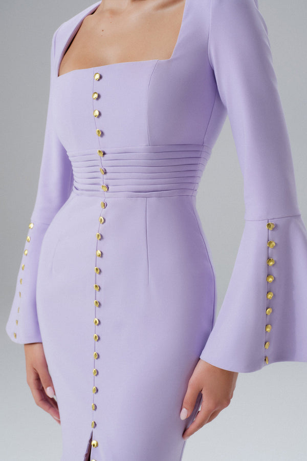 Lavish Alice SERENA Fluted Sleeve Micro Shell Button Midi Dress In Purple