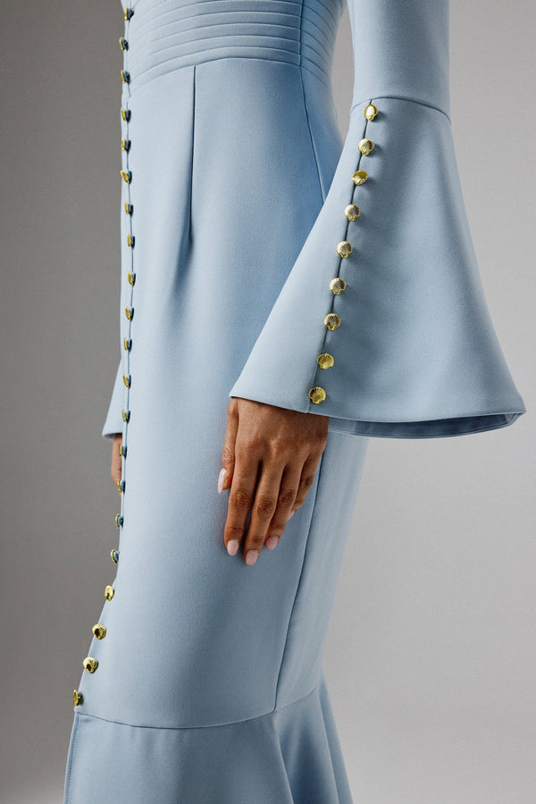 Lavish Alice SERENA Fluted Sleeve Micro Shell Button Midi Dress In Light Blue
