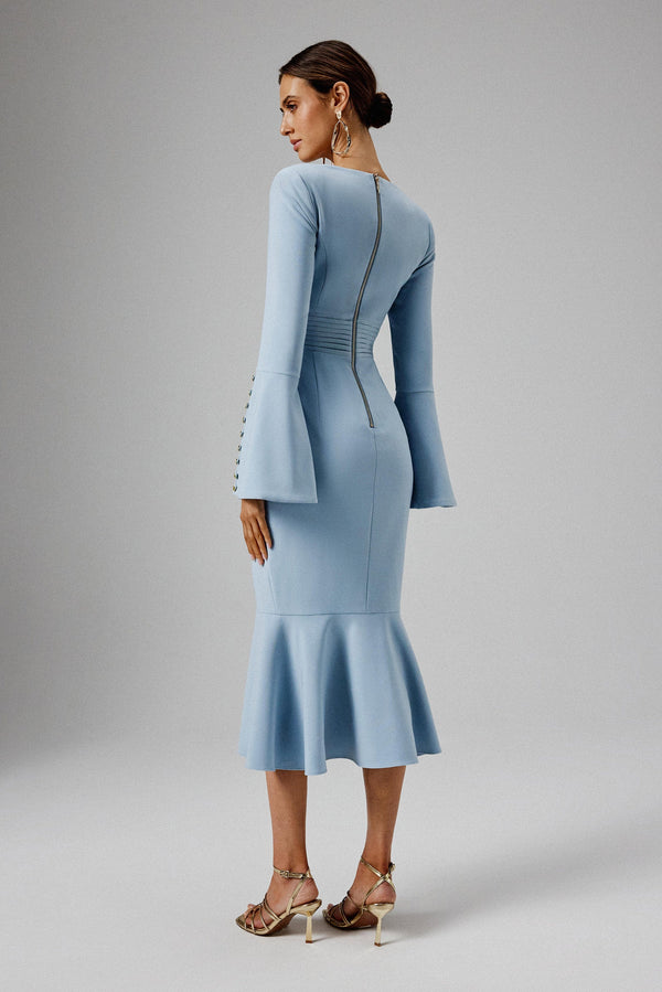 Lavish Alice SERENA Fluted Sleeve Micro Shell Button Midi Dress In Light Blue
