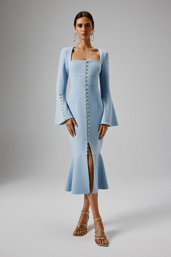 lavish alice SERENA Fluted Sleeve Micro Shell Button Midi Dress in Light Blue
