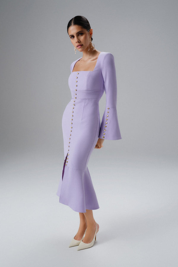 lavish alice SERENA Fluted Sleeve Micro Shell Button Midi Dress in Purple