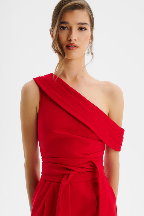 Lavish Alice SOFIE Off Shoulder Pleated Obi Belted Jumpsuit In Red