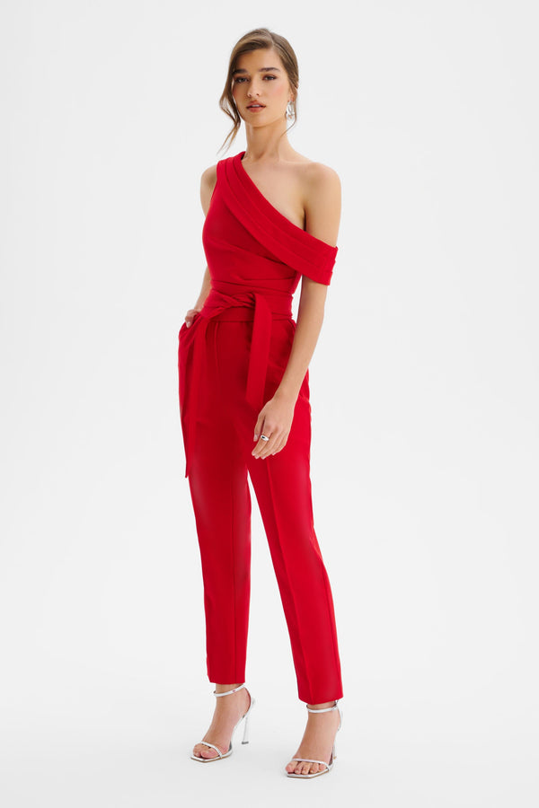 Lavish Alice SOFIE Off Shoulder Pleated Obi Belted Jumpsuit In Red