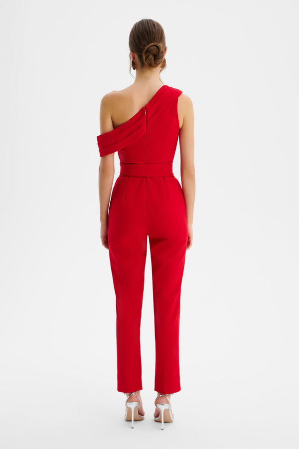 Lavish Alice SOFIE Off Shoulder Pleated Obi Belted Jumpsuit In Red