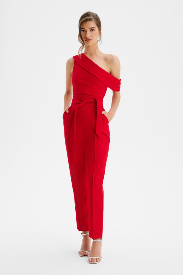 lavish alice SOFIE Off Shoulder Pleated Obi Belted Jumpsuit in Red