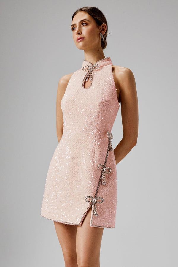 lavish alice SOLENE Sequin Boucle High Collar Mini Dress with Bow Embellishment in Pink