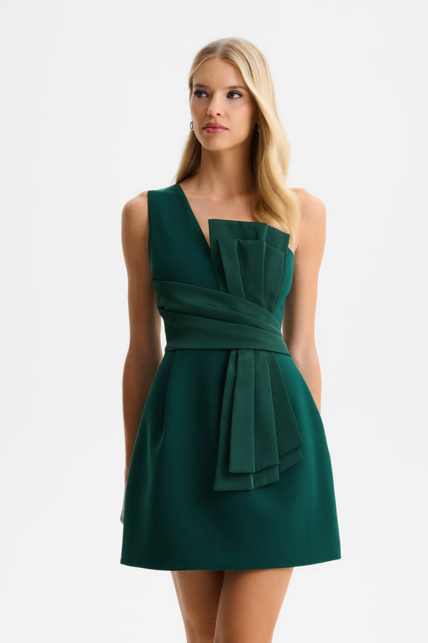 Lavish Alice SOPHIA Asymmetric Bow Mini Dress With Tulip Skirt In Emerald Green