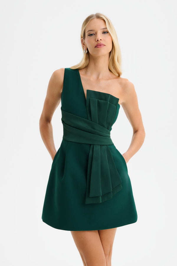 Lavish Alice SOPHIA Asymmetric Bow Mini Dress With Tulip Skirt In Emerald Green