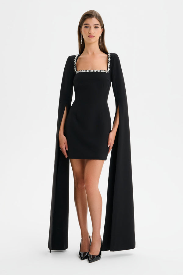 Lavish Alice TILLY Square Neck Embellished Cape Sleeve Mini Dress In Black