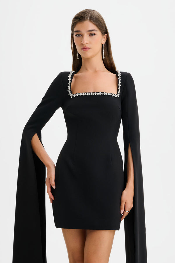 Lavish Alice TILLY Square Neck Embellished Cape Sleeve Mini Dress In Black