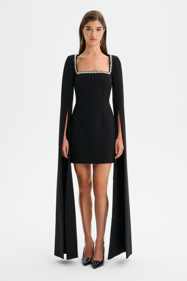 lavish alice TILLY Square Neck Embellished Cape Sleeve Mini Dress in Black