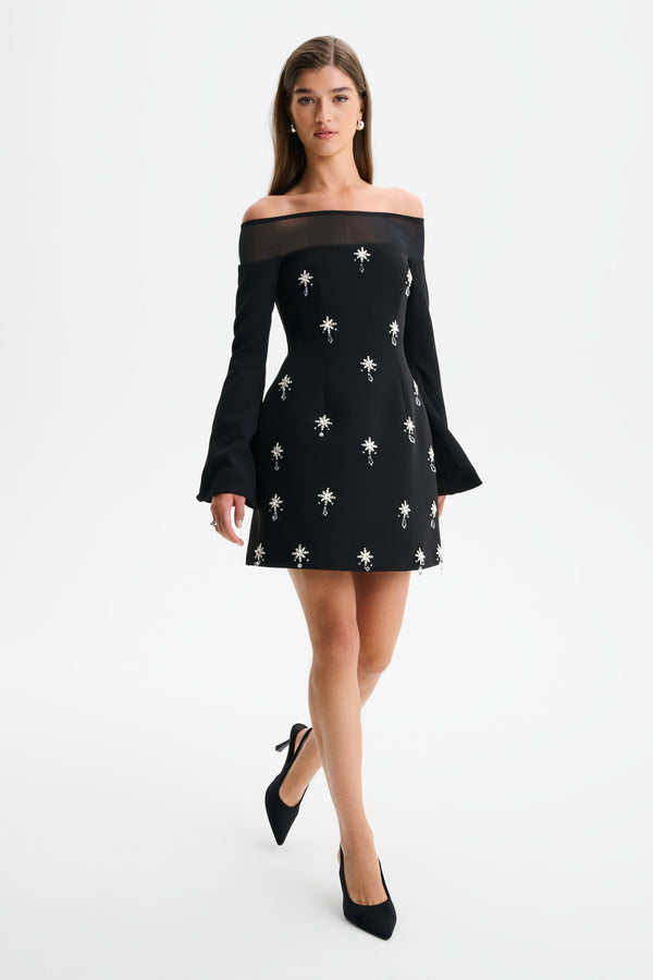 Lavish Alice YASMIN Off Shoulder Embellished Tulip Dress With Sheer Detail In Black