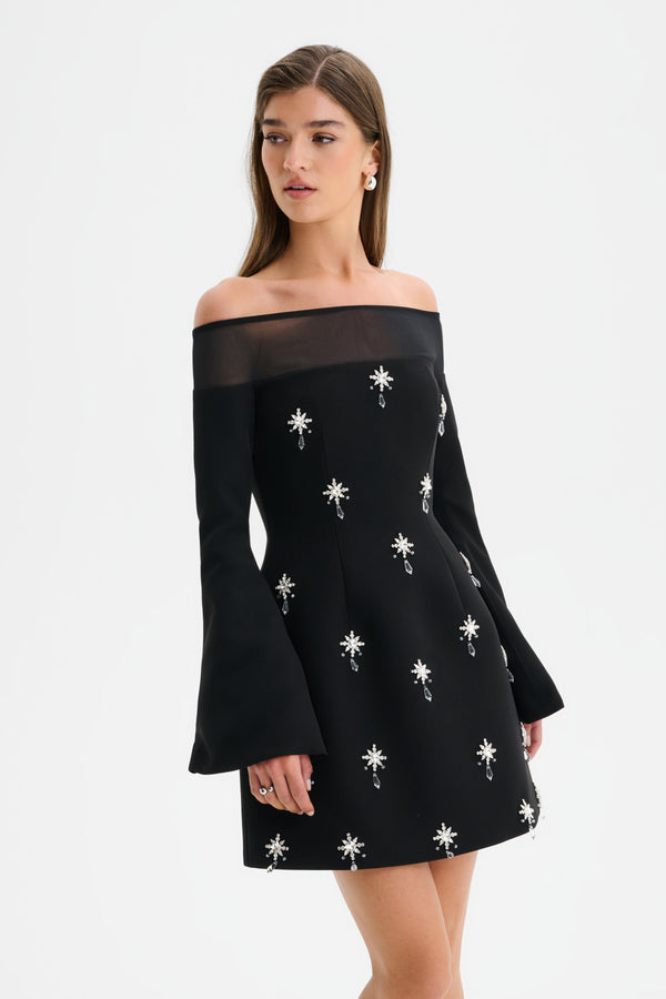 Lavish Alice YASMIN Off Shoulder Embellished Tulip Dress With Sheer Detail In Black