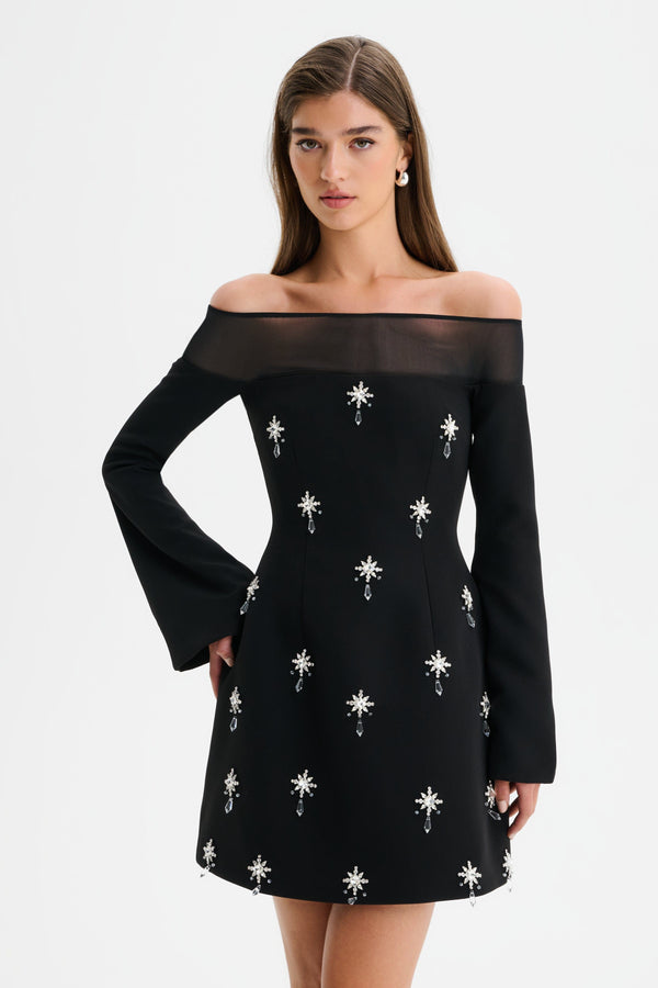 Lavish Alice YASMIN Off Shoulder Embellished Tulip Dress With Sheer Detail In Black