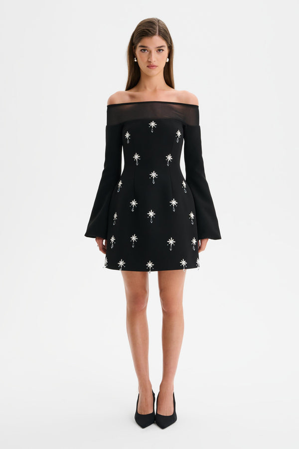 lavish alice YASMIN Off Shoulder Embellished Tulip Dress with Sheer Detail in Black