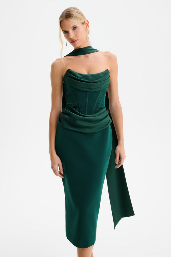 Lavish Alice ZENDEYA Satin Draped Corset Midi Dress With Neck Scarf In Emerald Green