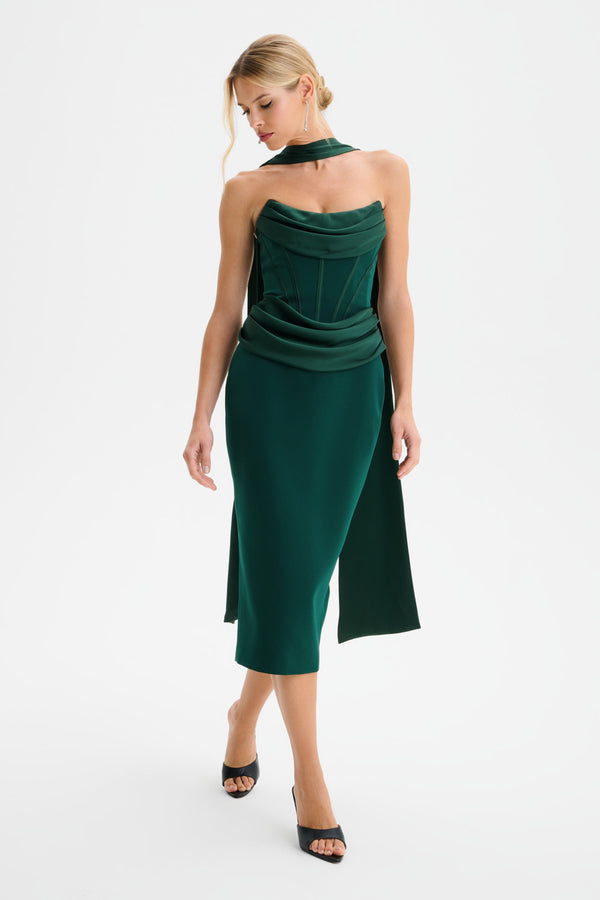 lavish alice ZENDEYA Satin Draped Corset Midi Dress with Neck Scarf in Emerald Green