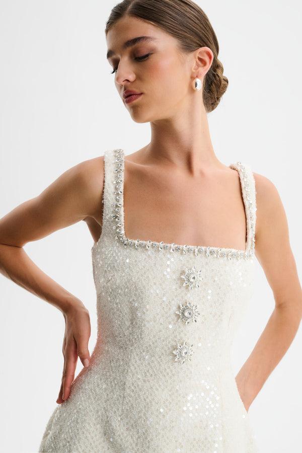 Lavish Alice ZOEY Embellished Boucle Tulip Mini Dress In Beige