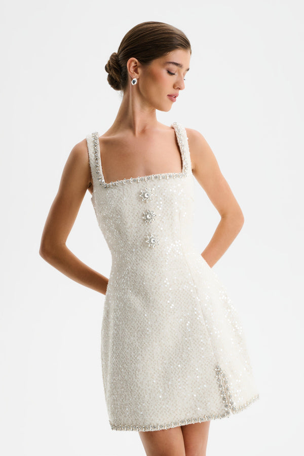 lavish alice ZOEY Embellished Boucle Tulip Mini Dress in Beige