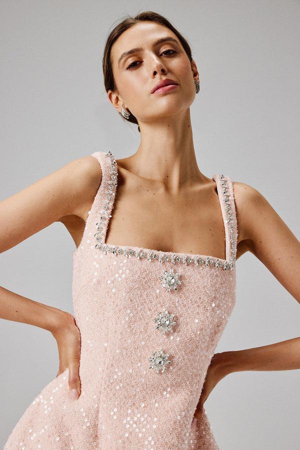 Lavish Alice ZOEY Embellished Boucle Tulip Mini Dress In Blush Pink