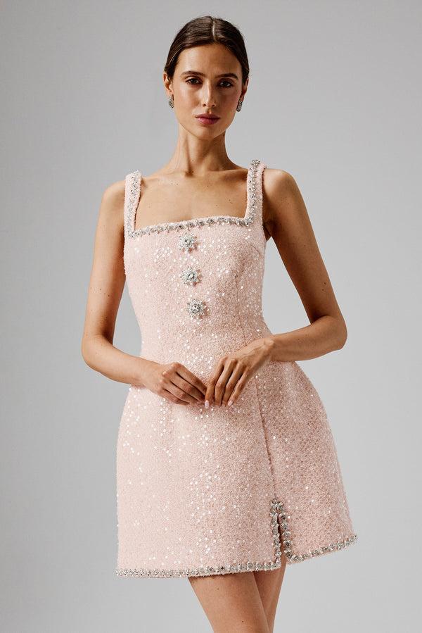 lavish alice ZOEY Embellished Boucle Tulip Mini Dress in Blush Pink