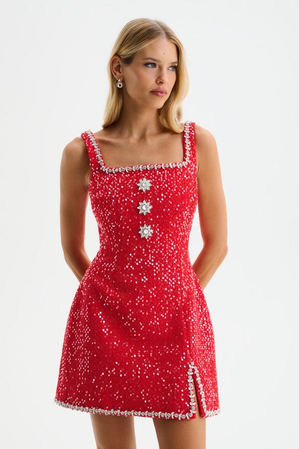Lavish Alice ZOEY Embellished Boucle Tulip Mini Dress In Red