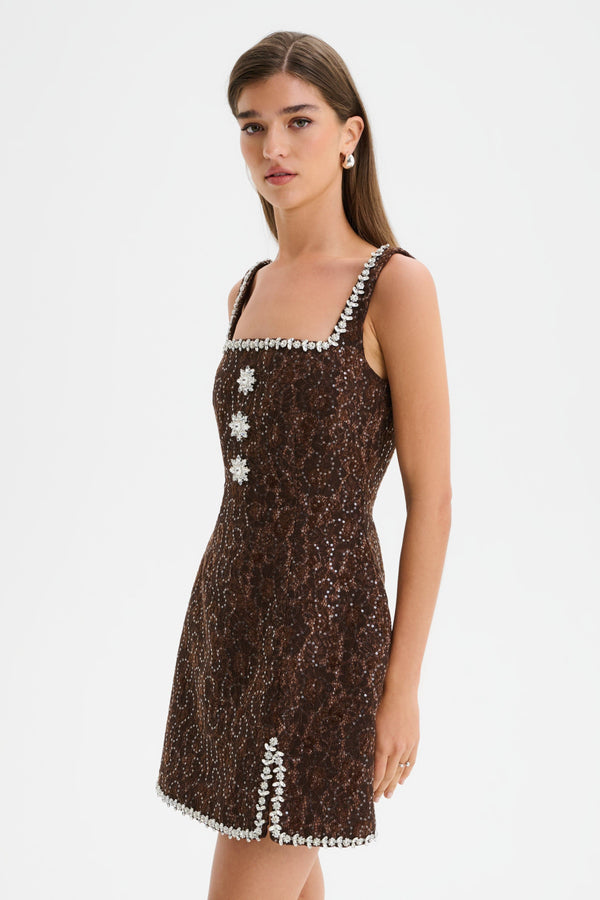 Lavish Alice ZOEY Embellished Lace Boucle Tulip Mini Dress In Chocolate