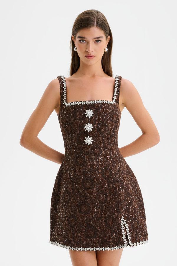 Lavish Alice ZOEY Embellished Lace Boucle Tulip Mini Dress In Chocolate