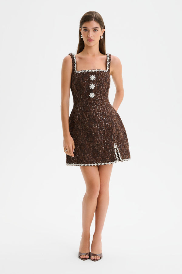 lavish alice ZOEY Embellished Lace Boucle Tulip Mini Dress in Chocolate