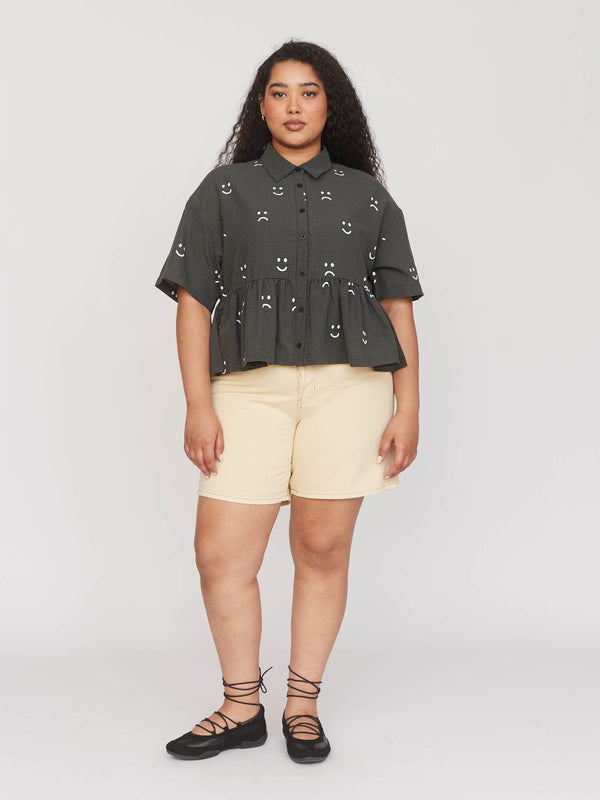 Lazy Oaf Happy Sad Check Button Up Smock Top