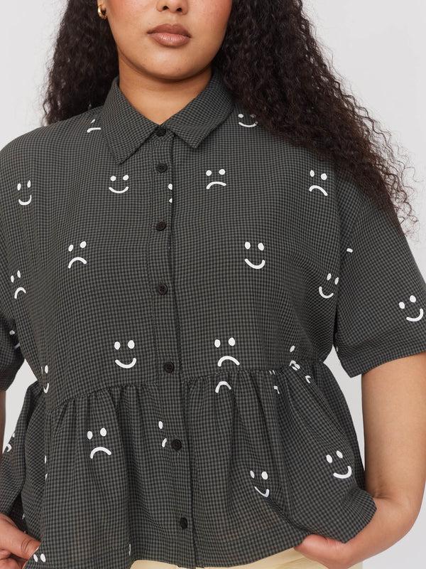 Lazy Oaf Happy Sad Check Button Up Smock Top