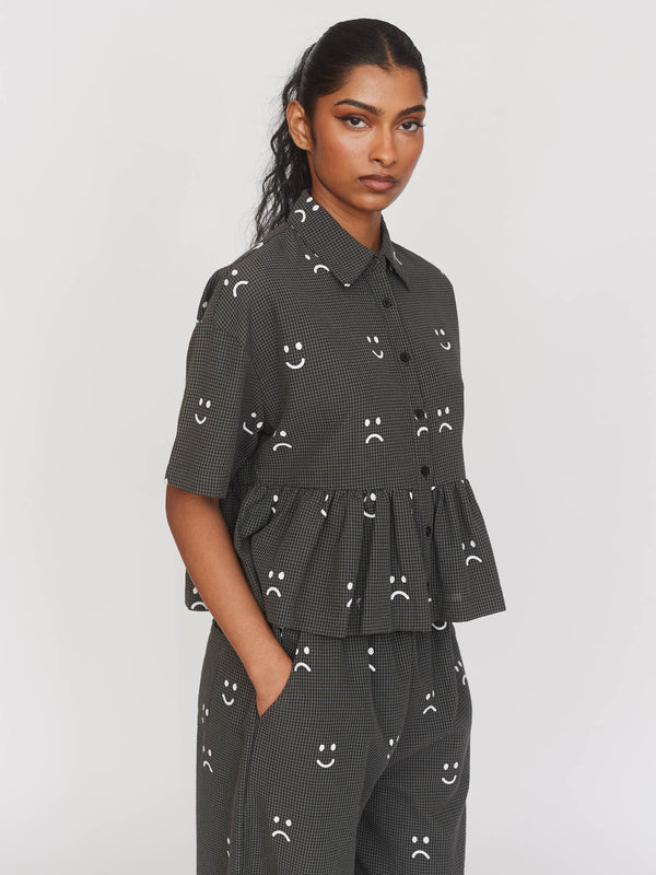 lazy oaf Happy Sad Check Button Up Smock Top