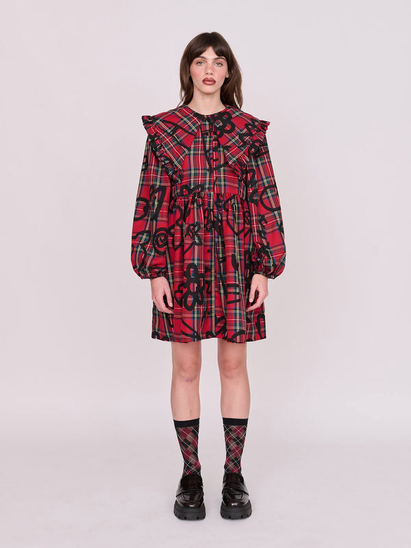 lazy oaf Tartan Scribble Ruffle Collar Dress