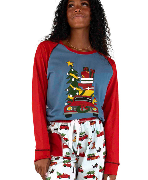 lazy one Christmas Cars Women's Regular Fit Long Sleeve PJ Tee