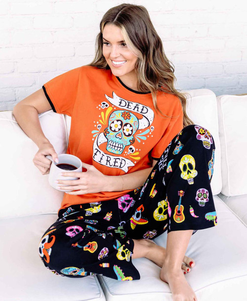 Lazy One Dead Tired Orange Women's Skull Regular Fit PJ Set