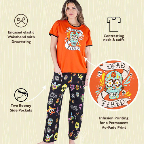 Lazy One Dead Tired Orange Women's Skull Regular Fit PJ Set