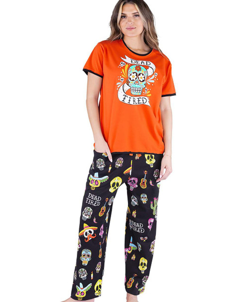 lazy one Dead Tired Orange Women's Skull Regular Fit PJ Set