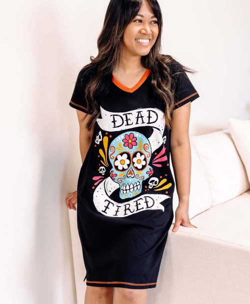 Lazy One Dead Tired Women's Black V-neck Nightshirt
