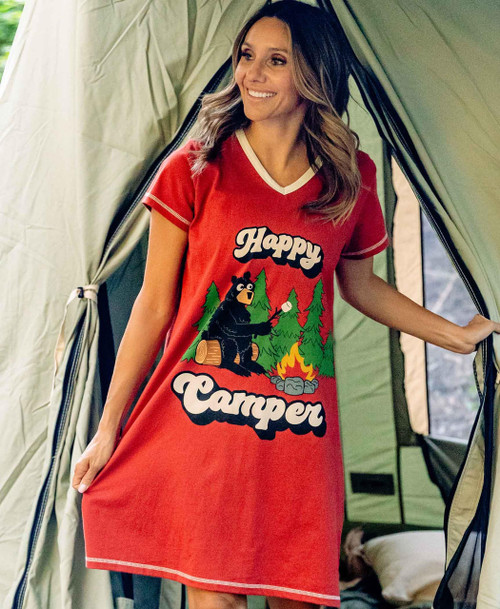 Lazy One Happy Camper Women's Red V-neck Nightshirt