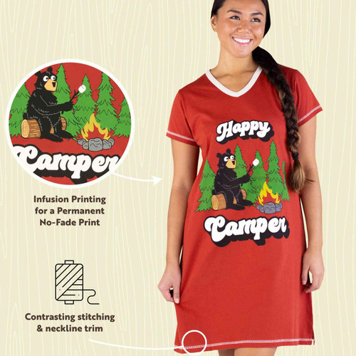Lazy One Happy Camper Women's Red V-neck Nightshirt