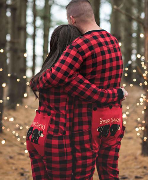 Lazy One Bear Cheeks Adult Plaid Onesie Flapjack